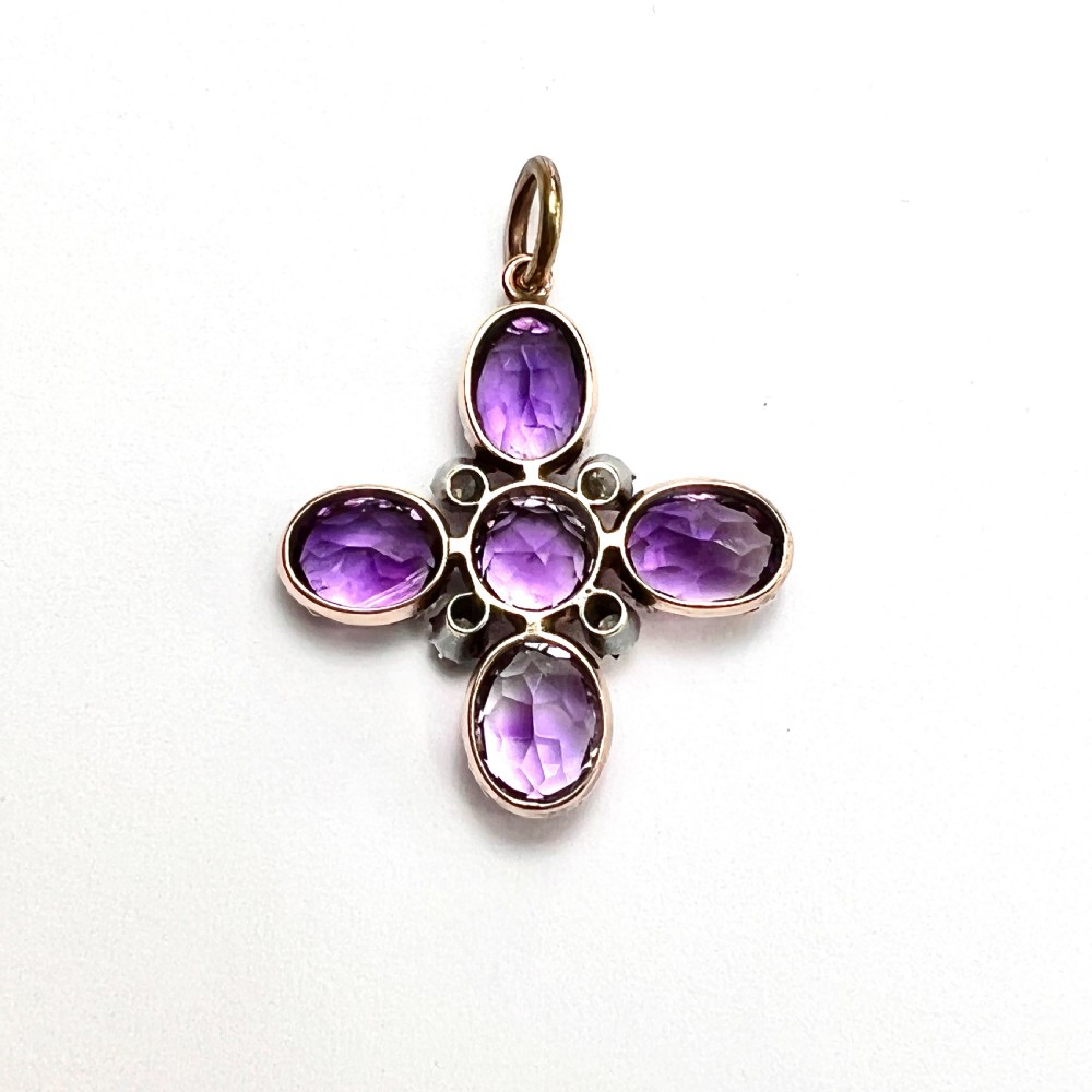 Victorian Amethyst and Diamond Square Cross Pendant on 9CT Gold Chain Necklace View IV