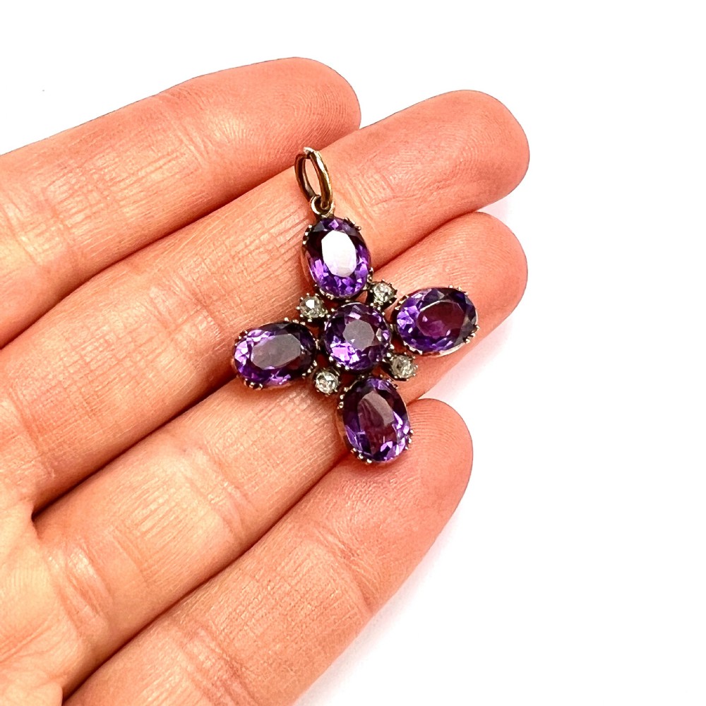 Victorian Amethyst and Diamond Square Cross Pendant on 9CT Gold Chain Necklace View V