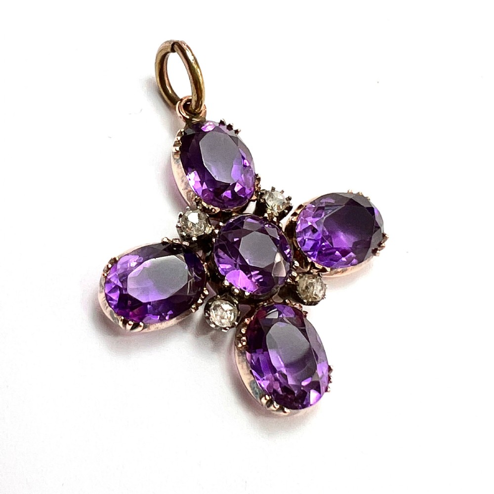 Victorian Amethyst and Diamond Square Cross Pendant on 9CT Gold Chain Necklace View VI