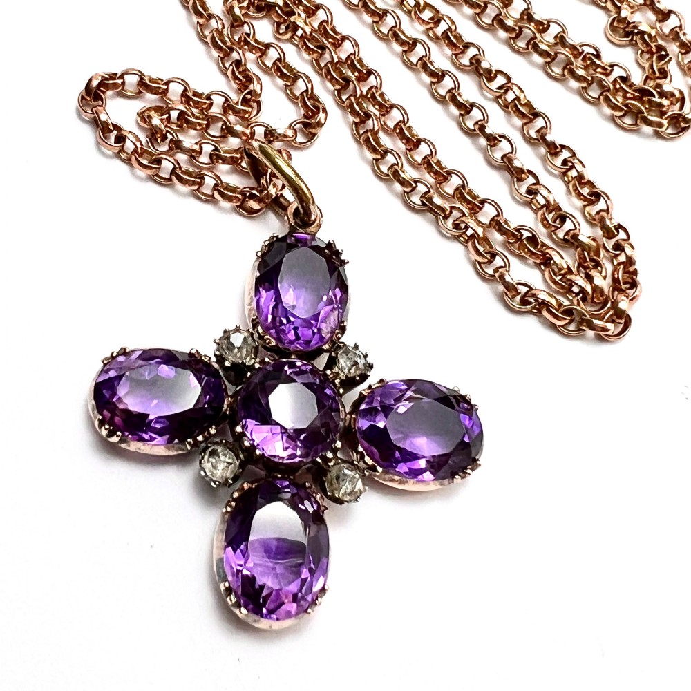 Victorian Amethyst and Diamond Square Cross Pendant on 9CT Gold Chain Necklace View VII