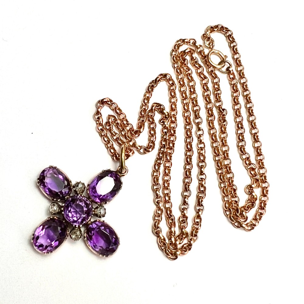 Victorian Amethyst and Diamond Square Cross Pendant on 9CT Gold Chain Necklace View VIII