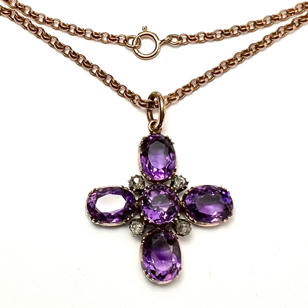Victorian Amethyst and Diamond Square Cross Pendant on 9CT Gold Chain Necklace View IX