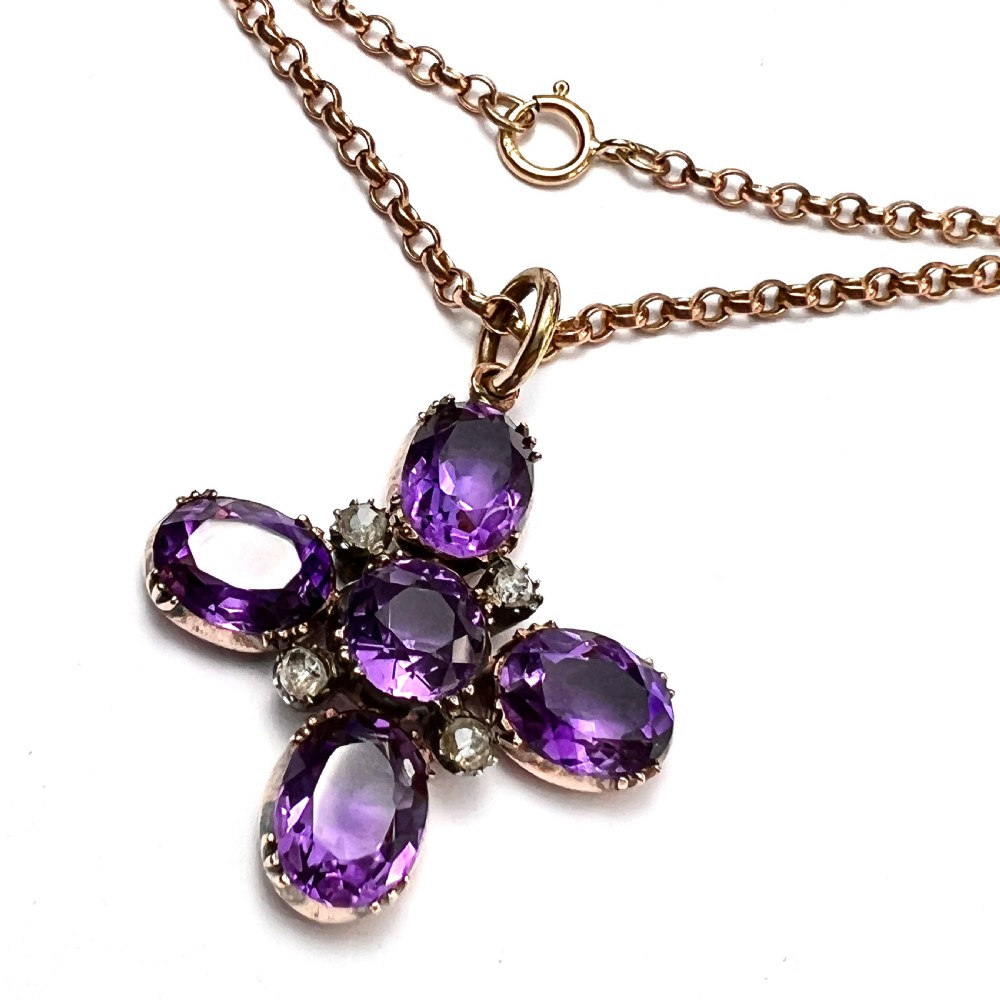 Victorian Amethyst and Diamond Square Cross Pendant on 9CT Gold Chain Necklace View X