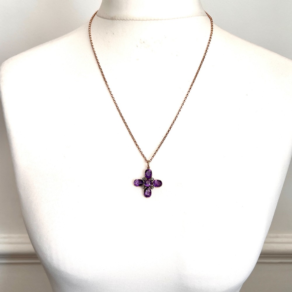 Victorian Amethyst and Diamond Square Cross Pendant on 9CT Gold Chain Necklace View XI