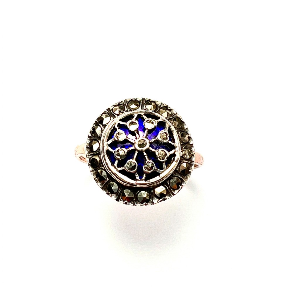 RESERVED for EB • 19th Century French Blue Enamel Marcasite Gold and Silver Ring
