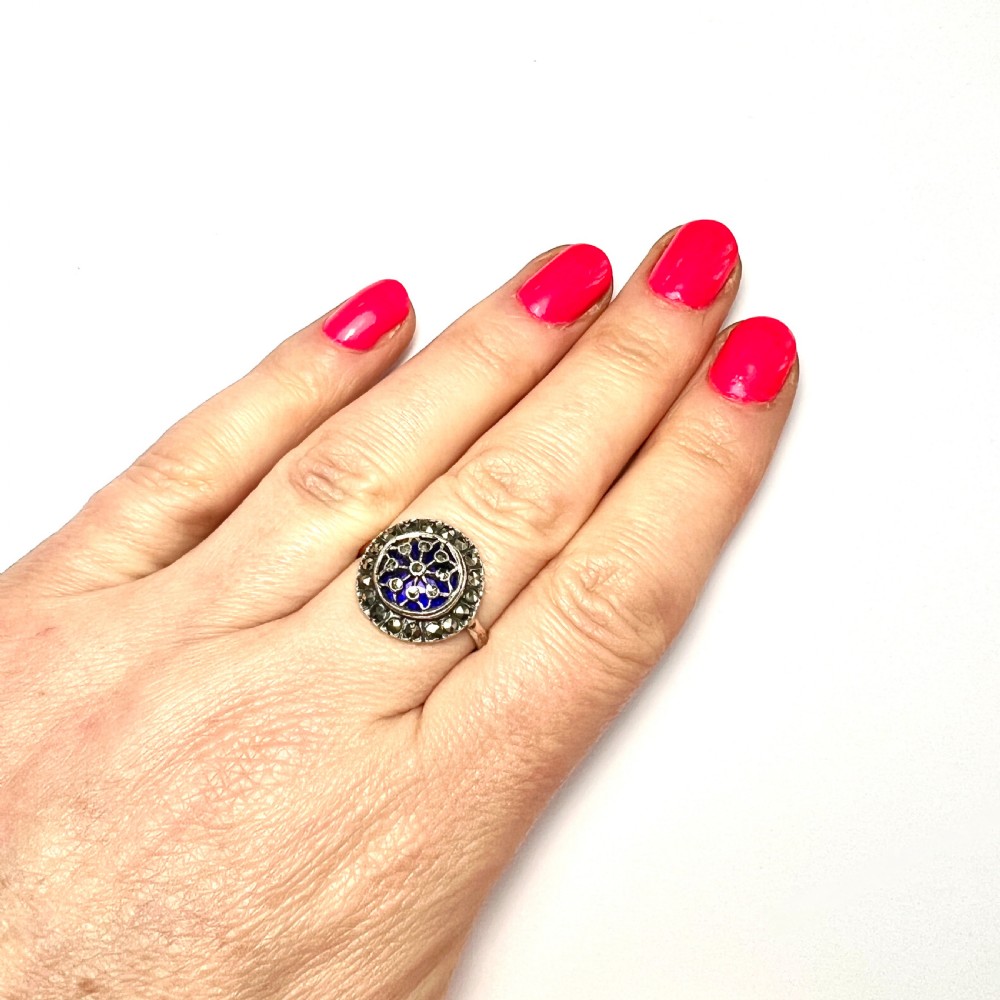 RESERVED for EB • 19th Century French Blue Enamel Marcasite Gold and Silver Ring View II