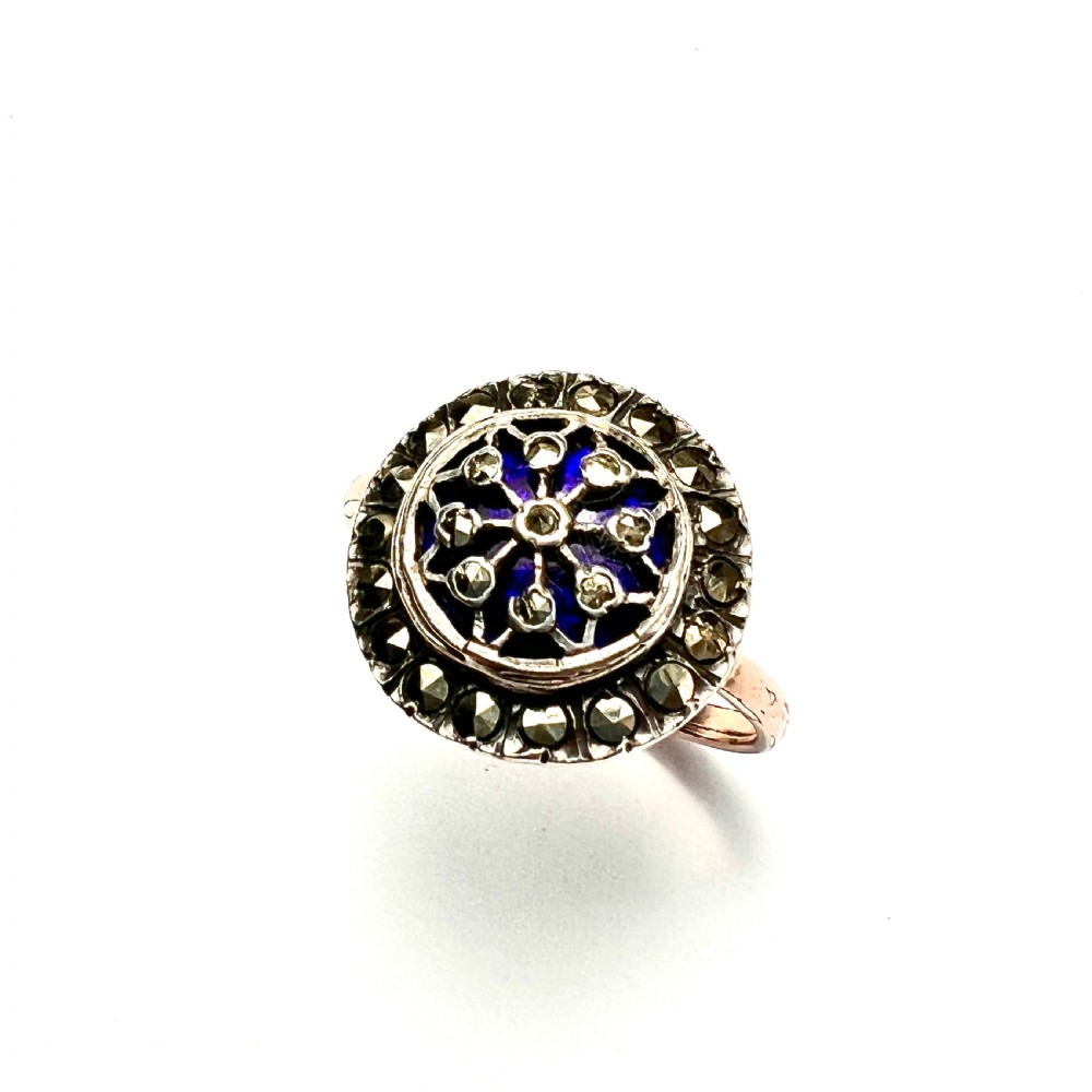 RESERVED for EB • 19th Century French Blue Enamel Marcasite Gold and Silver Ring View IV