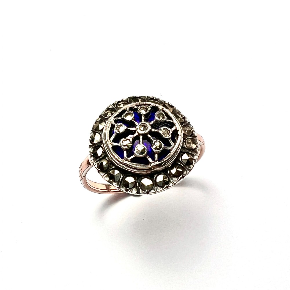 RESERVED for EB • 19th Century French Blue Enamel Marcasite Gold and Silver Ring View V