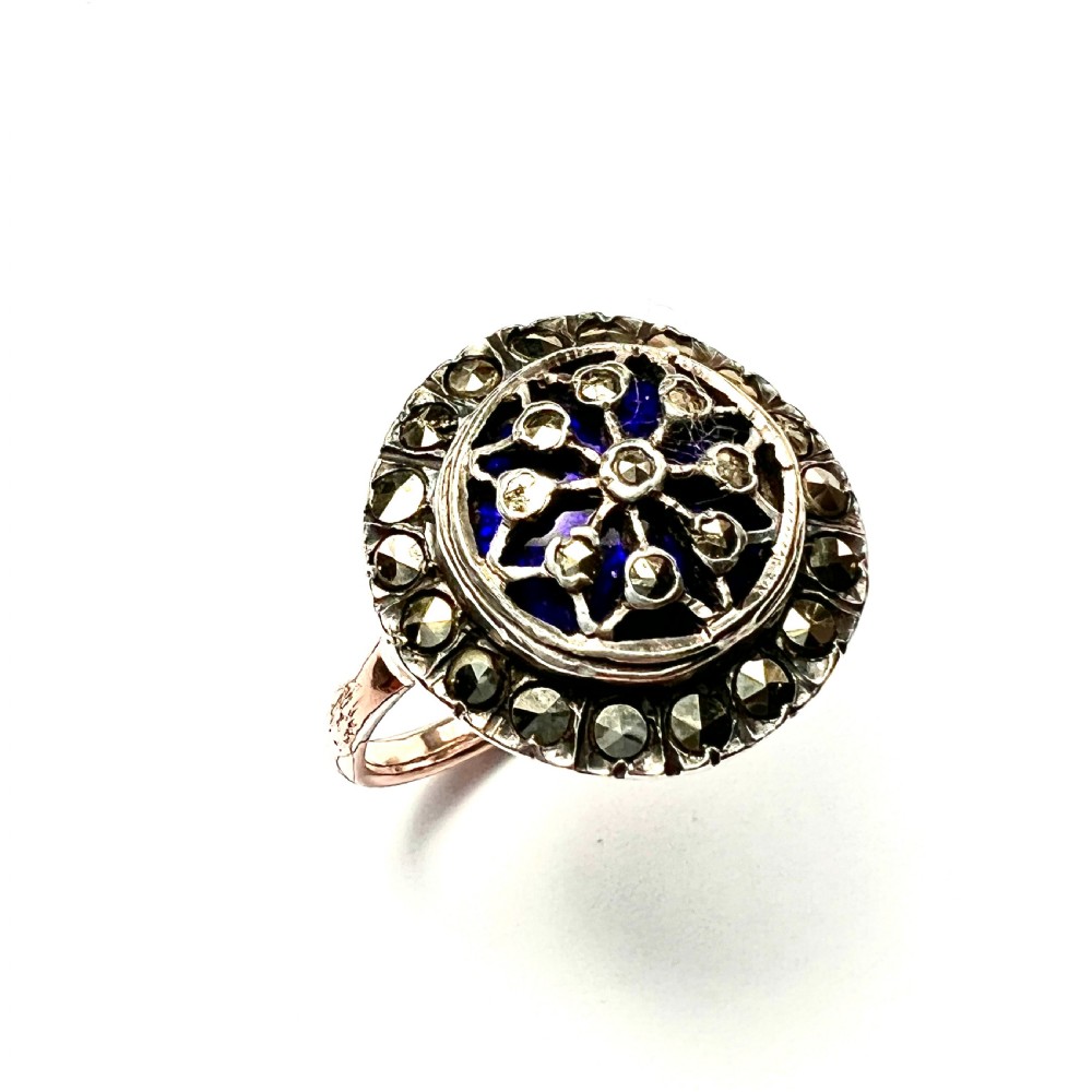 RESERVED for EB • 19th Century French Blue Enamel Marcasite Gold and Silver Ring View VI