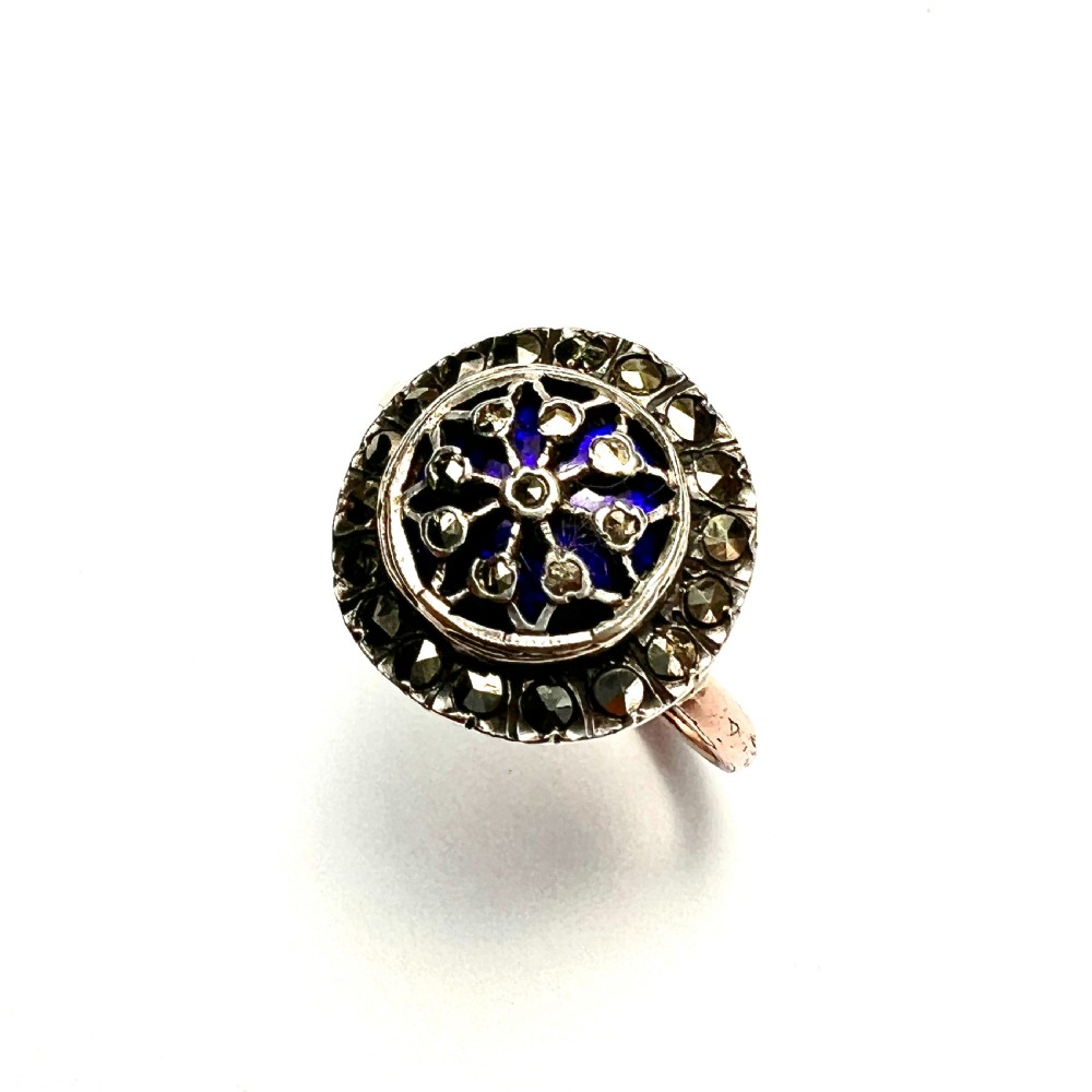 RESERVED for EB • 19th Century French Blue Enamel Marcasite Gold and Silver Ring View VII