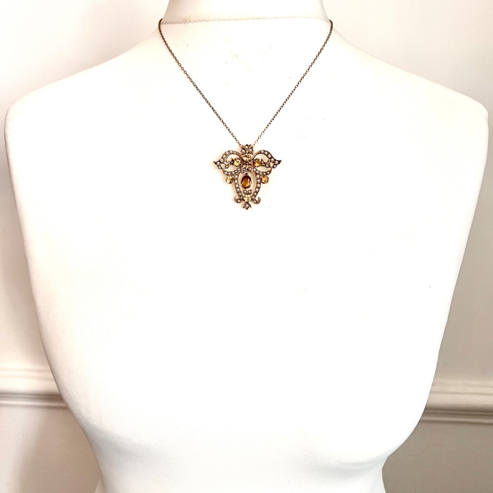 Edwardian 9CT Gold Citrine Pearl Lavalier Pendant/Brooch View V