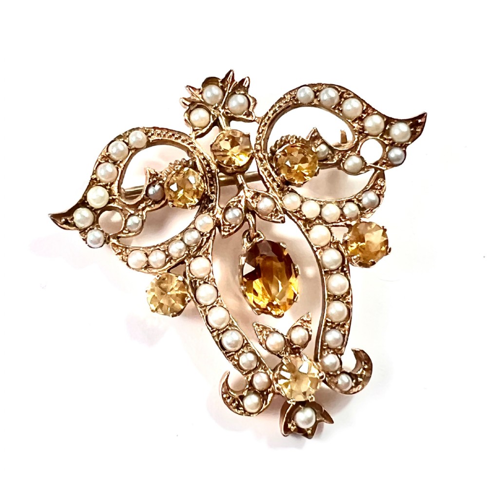 Edwardian 9CT Gold Citrine Pearl Lavalier Pendant/Brooch View VI