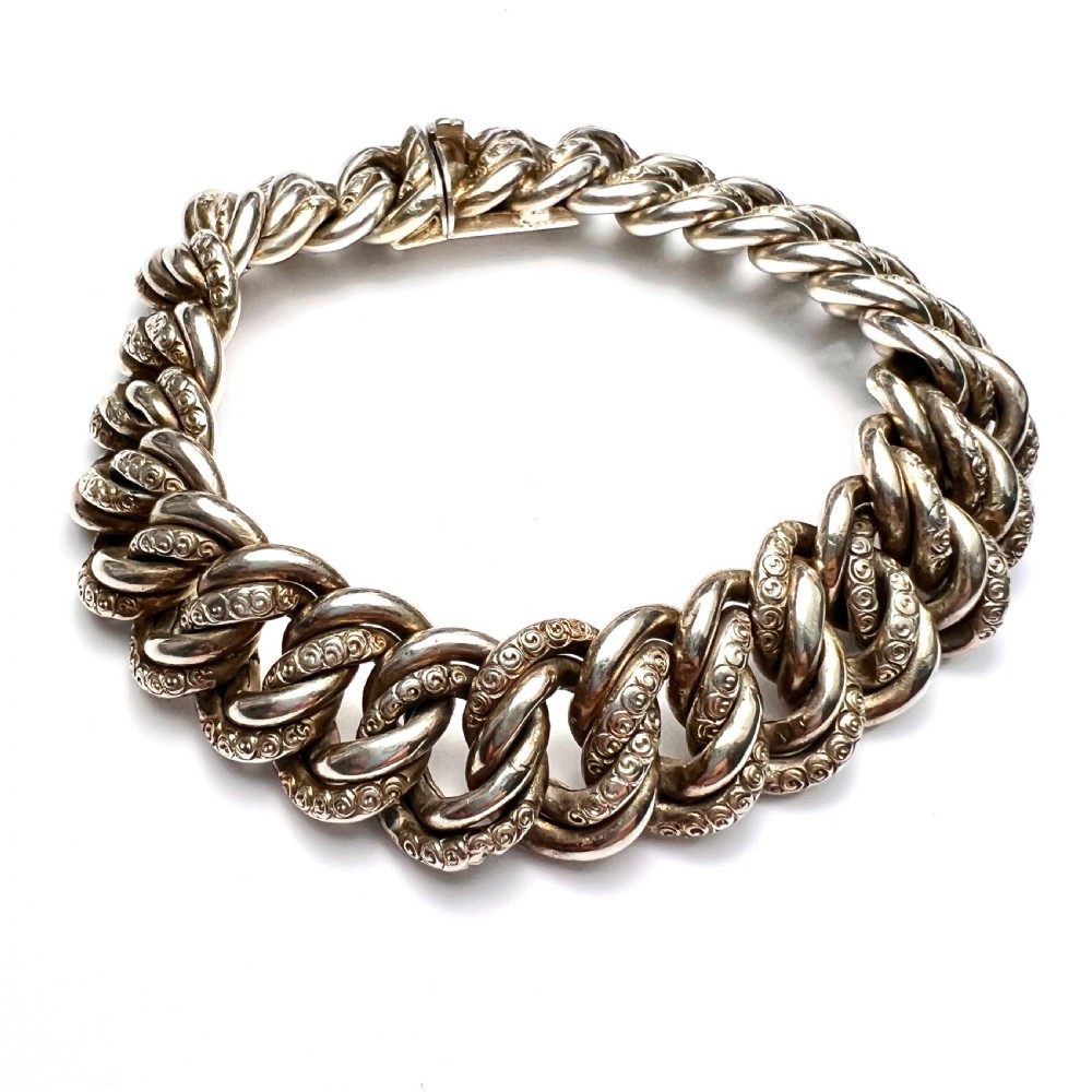 Heavy Victorian Double Curb Link Silver Bracelet  View II