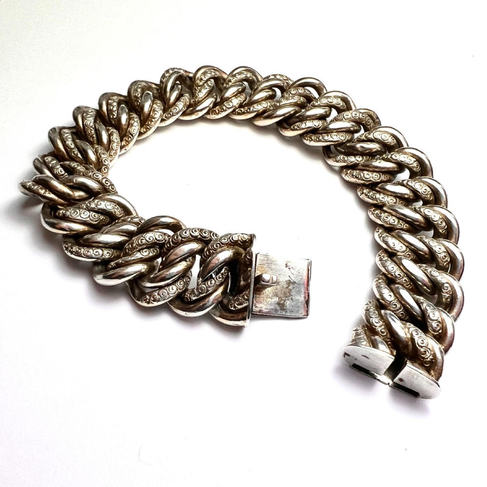 Heavy Victorian Double Curb Link Silver Bracelet  View IV
