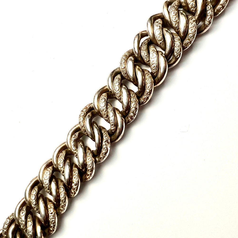 Heavy Victorian Double Curb Link Silver Bracelet  View V