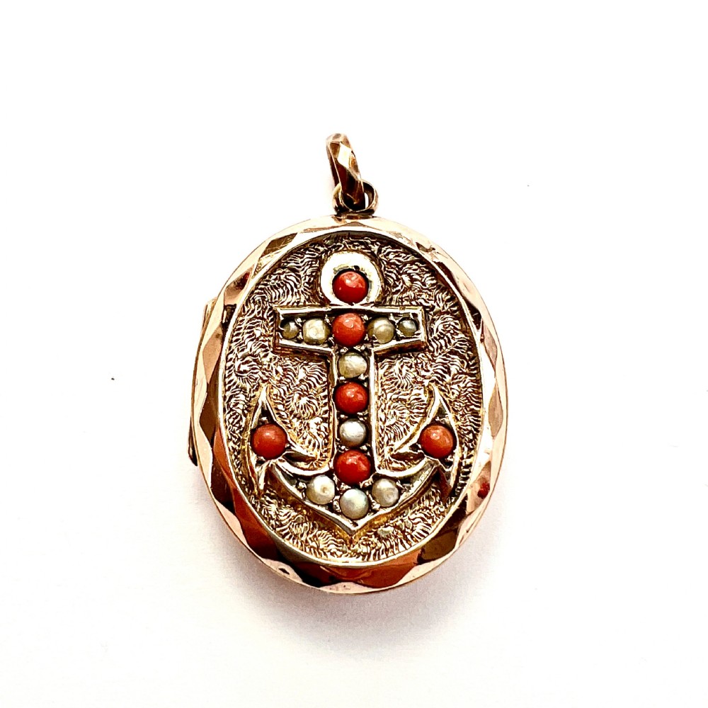 Victorian Coral, Pearl, 9CT Gold Oval Anchor Locket
