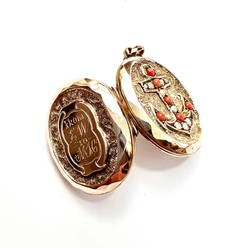 Victorian Coral, Pearl, 9CT Gold Oval Anchor Locket View VI