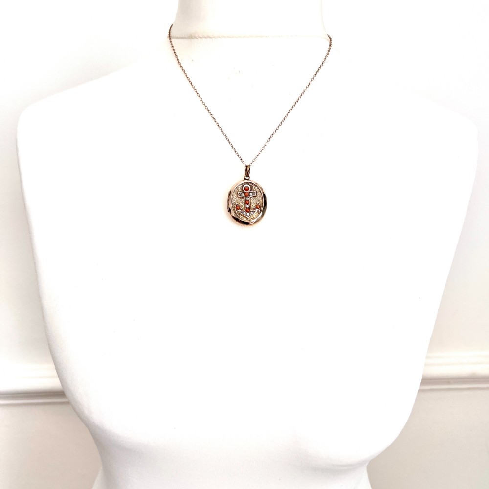 Victorian Coral, Pearl, 9CT Gold Oval Anchor Locket View VII