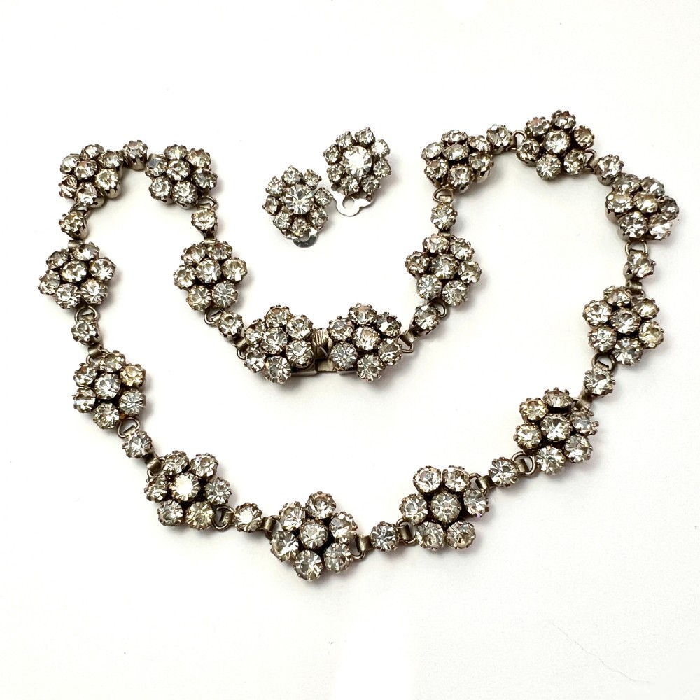 Vintage Old Cut Paste Flower Cluster Necklace and Earrings