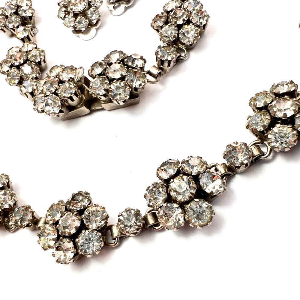 Vintage Old Cut Paste Flower Cluster Necklace and Earrings View II