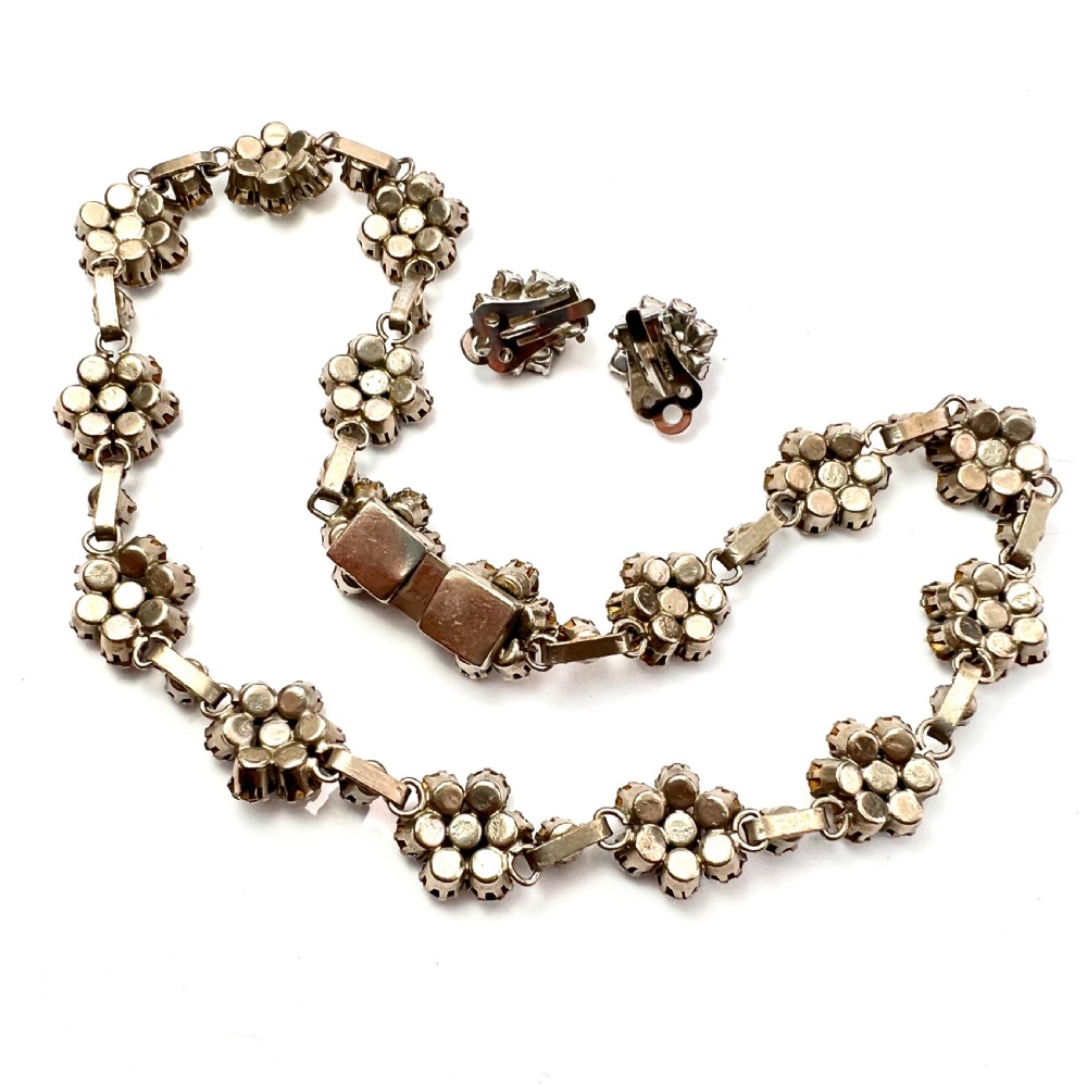 Vintage Old Cut Paste Flower Cluster Necklace and Earrings View IV