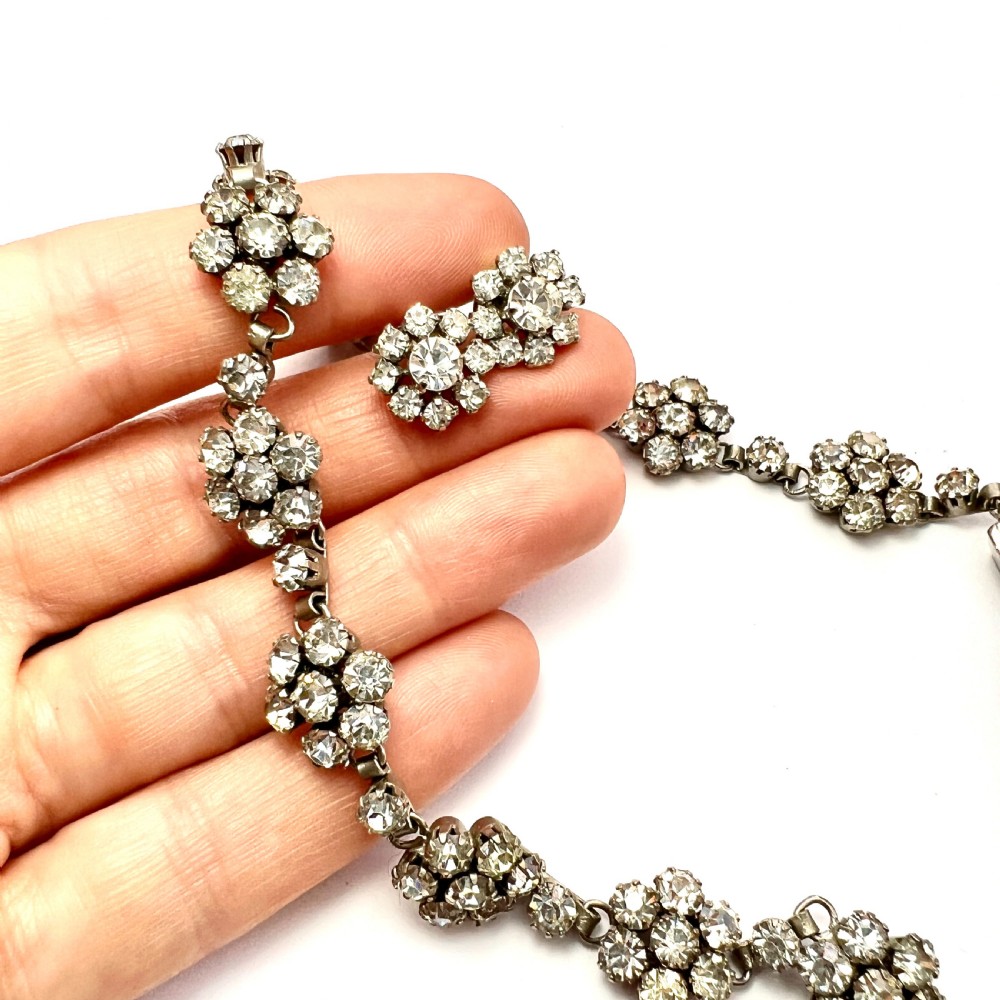 Vintage Old Cut Paste Flower Cluster Necklace and Earrings View VI