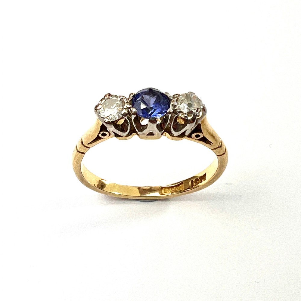 Antique Sapphire and Diamond 18CT Gold Palladium Trilogy Ring