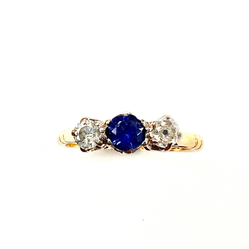 Antique Sapphire and Diamond 18CT Gold Palladium Trilogy Ring View IV