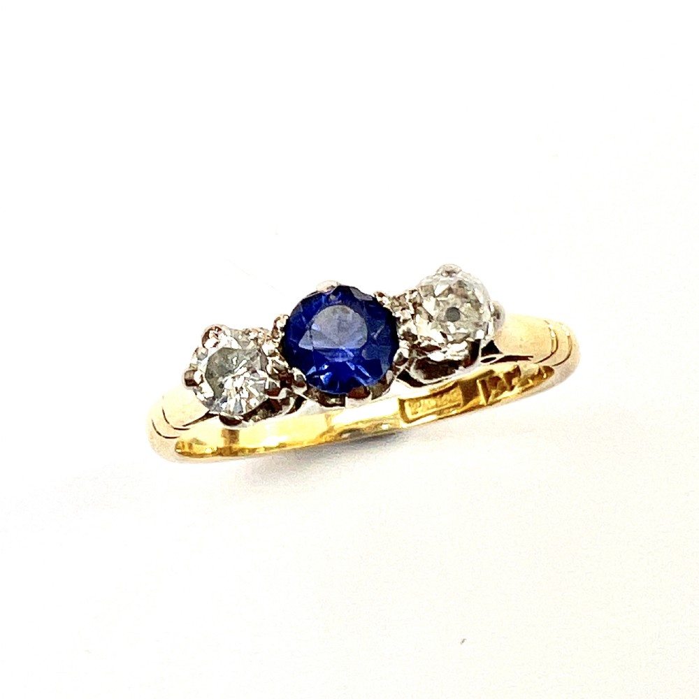 Antique Sapphire and Diamond 18CT Gold Palladium Trilogy Ring View V