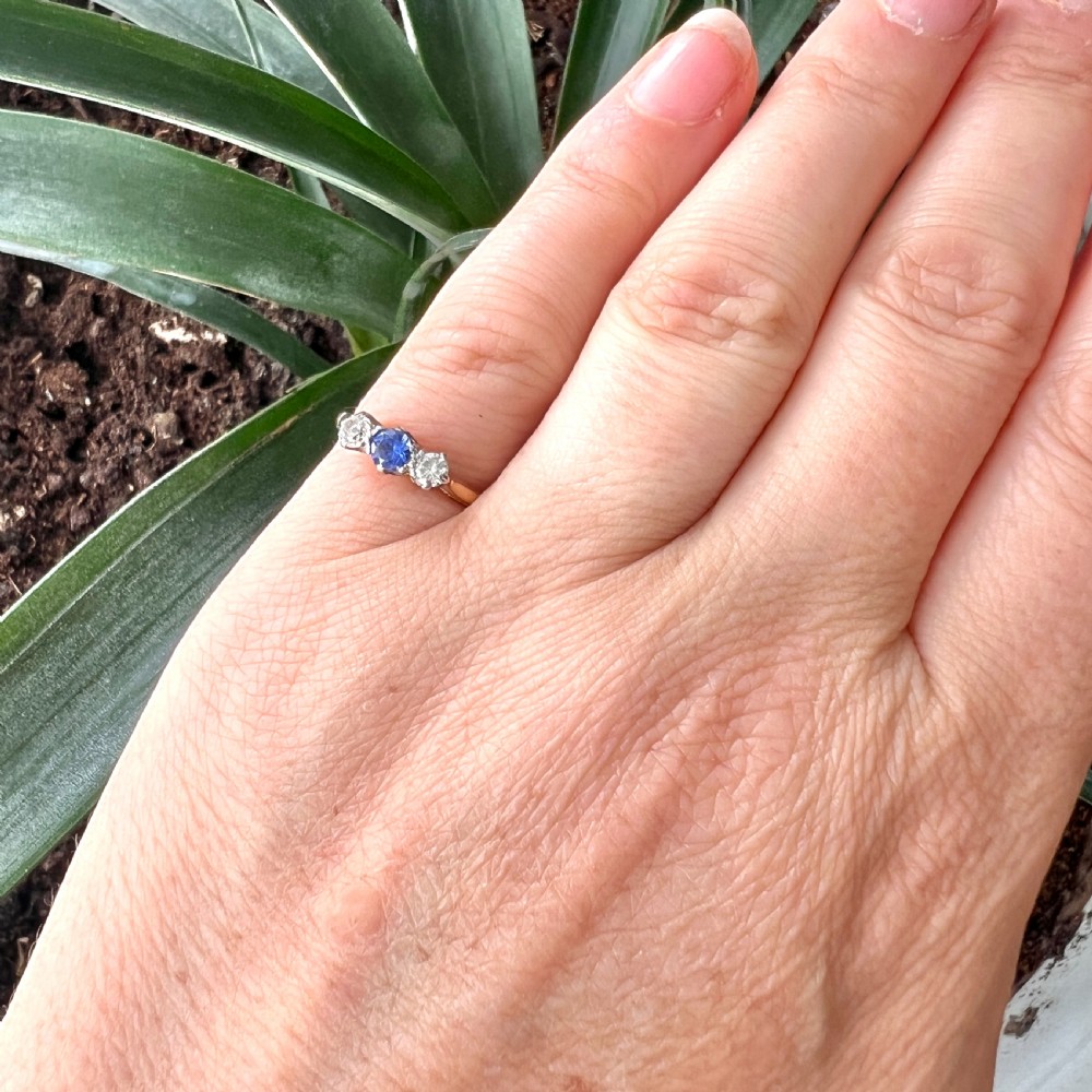 Antique Sapphire and Diamond 18CT Gold Palladium Trilogy Ring View VI