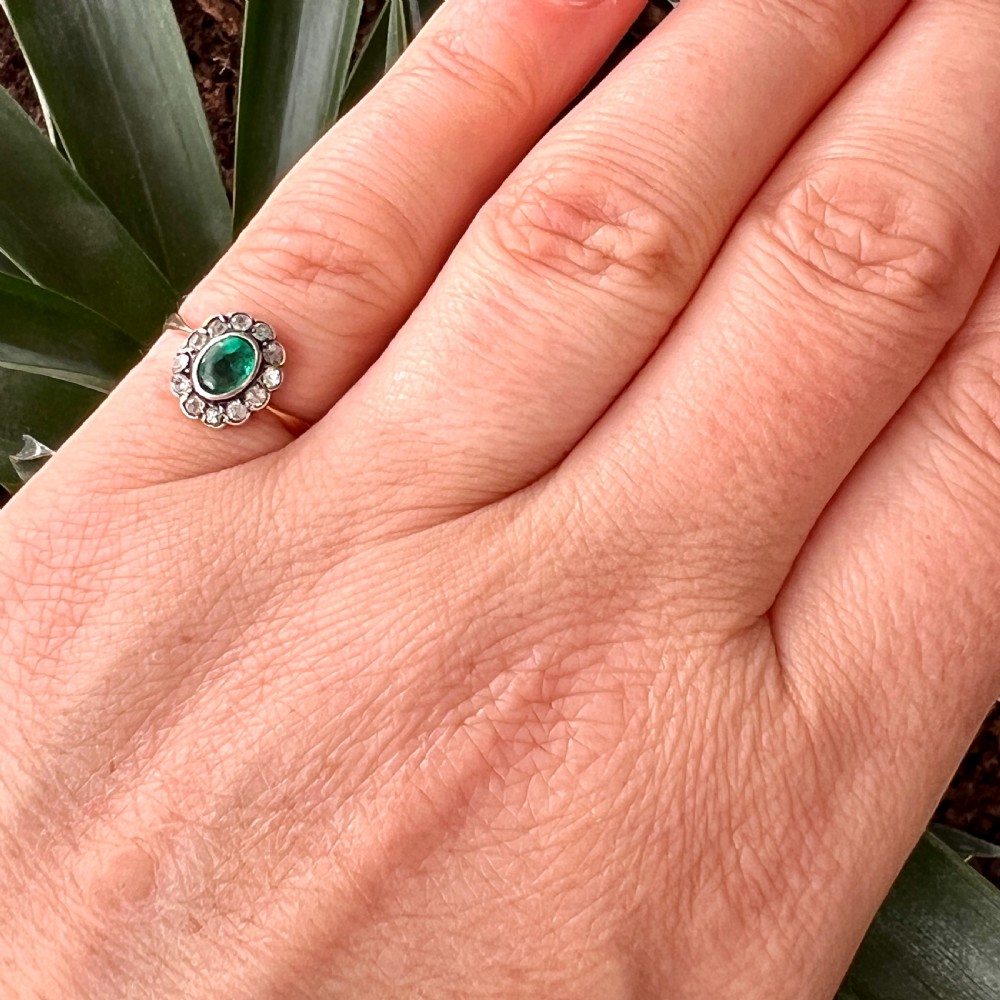 Edwardian 9CT Gold and Silver Paste Emerald Diamond Halo Ring View VI