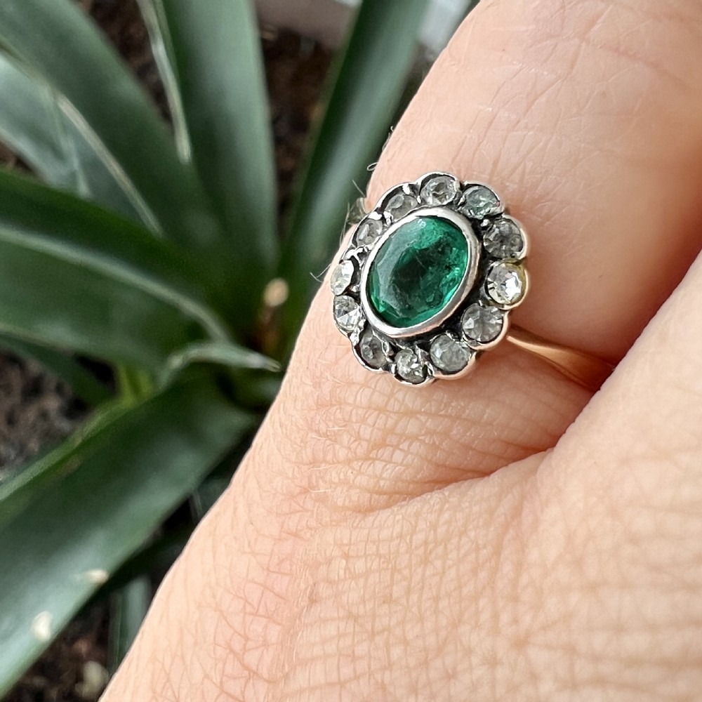Edwardian 9CT Gold and Silver Paste Emerald Diamond Halo Ring View XII