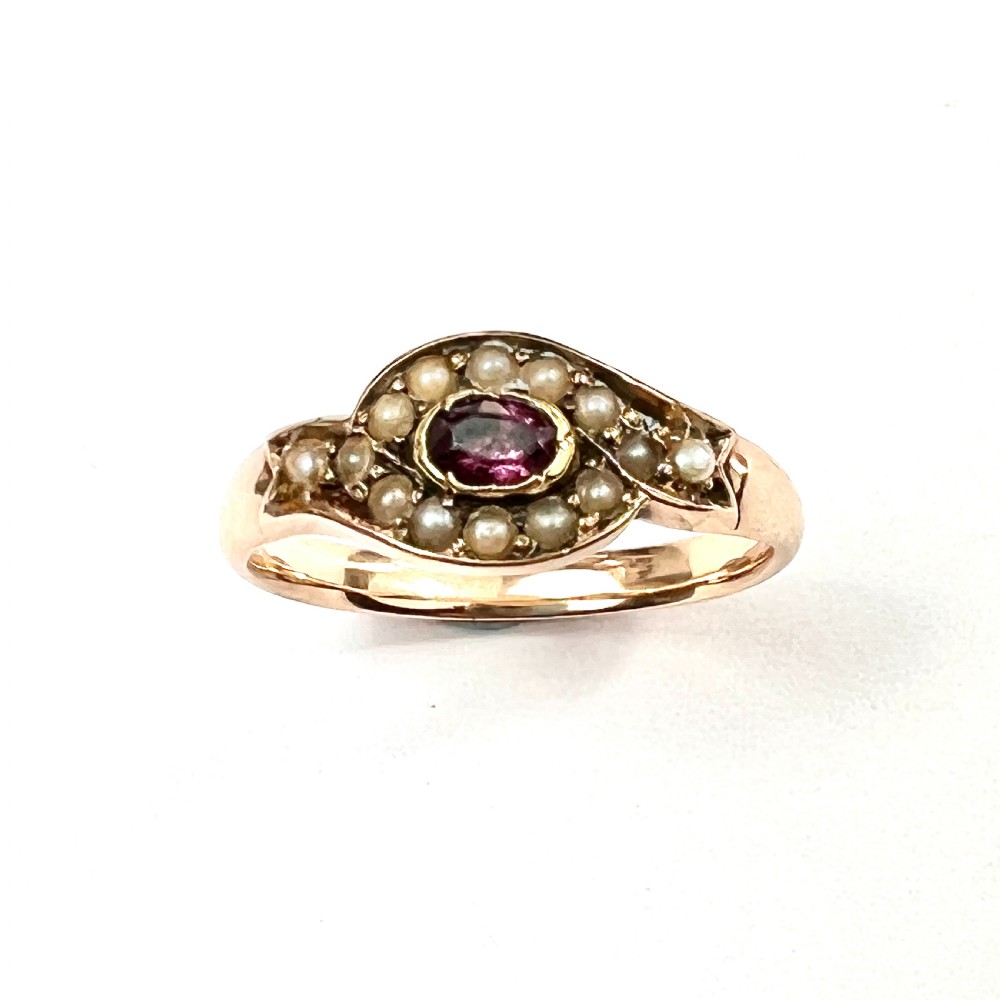 Georgian 9CT Rose Gold Pearl and Garnet Ring 