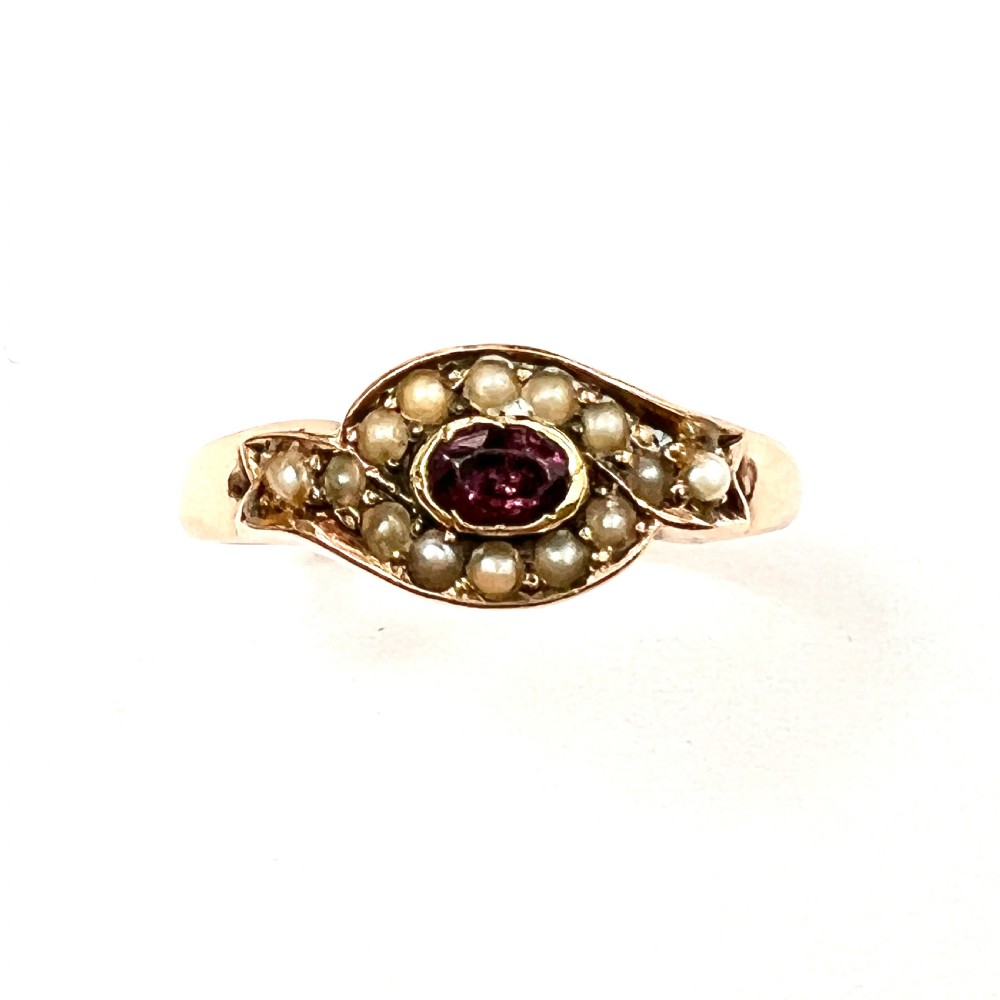 Georgian 9CT Rose Gold Pearl and Garnet Ring  View V