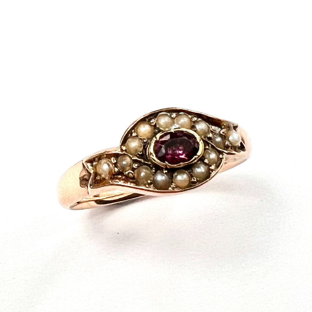 Georgian 9CT Rose Gold Pearl and Garnet Ring  View VI