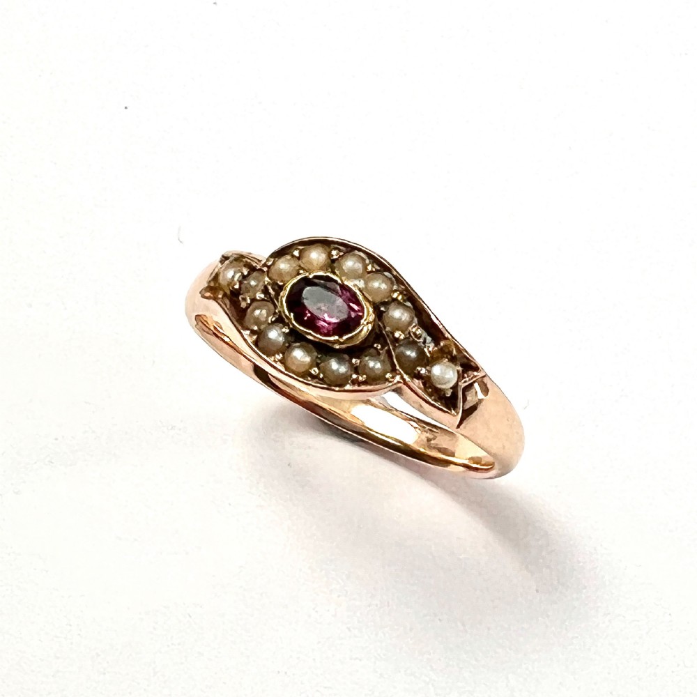Georgian 9CT Rose Gold Pearl and Garnet Ring  View VIII