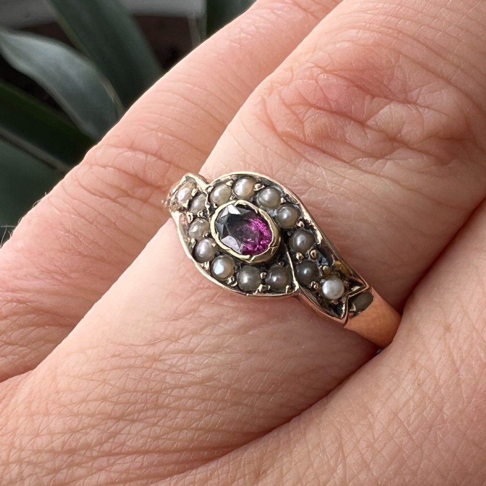 Georgian 9CT Rose Gold Pearl and Garnet Ring  View IX