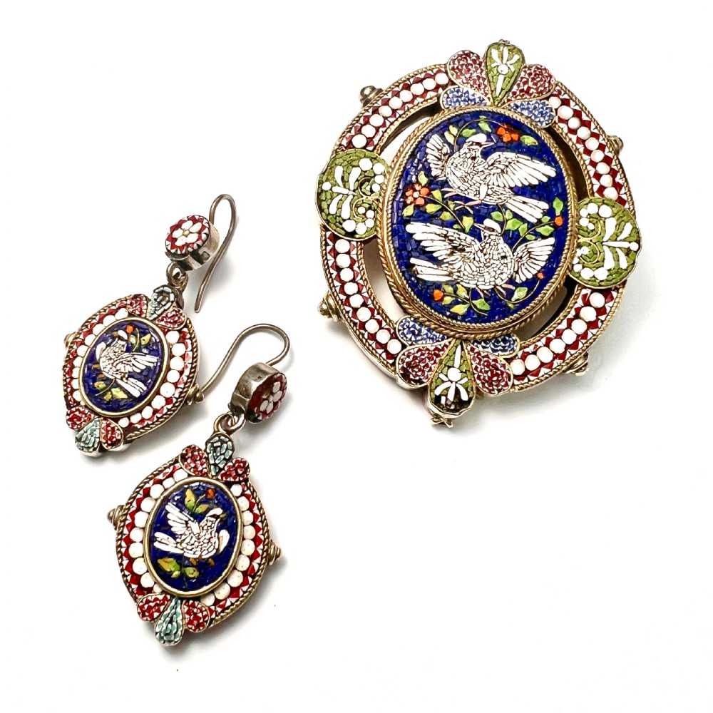 Antique Italian Dove Micro Mosaic Silver Pendant Brooch Earrings