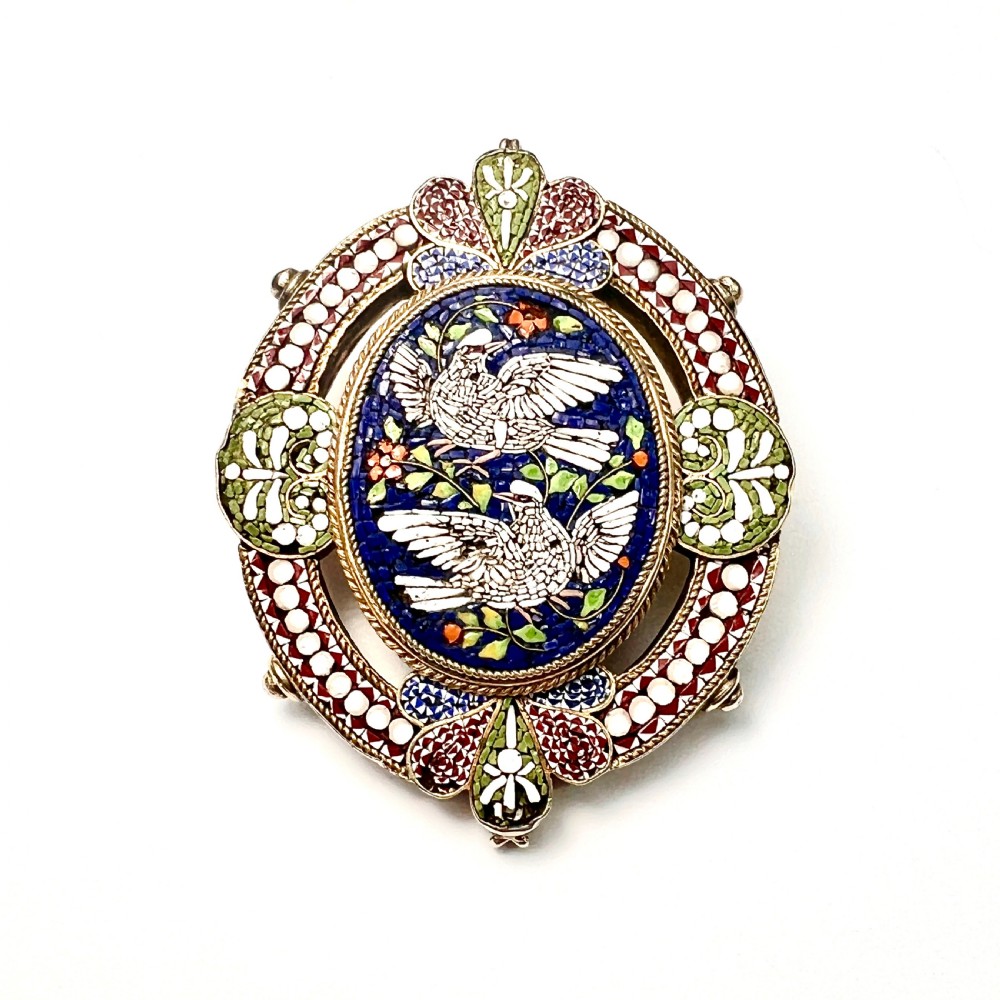 Antique Italian Dove Micro Mosaic Silver Pendant Brooch Earrings View III