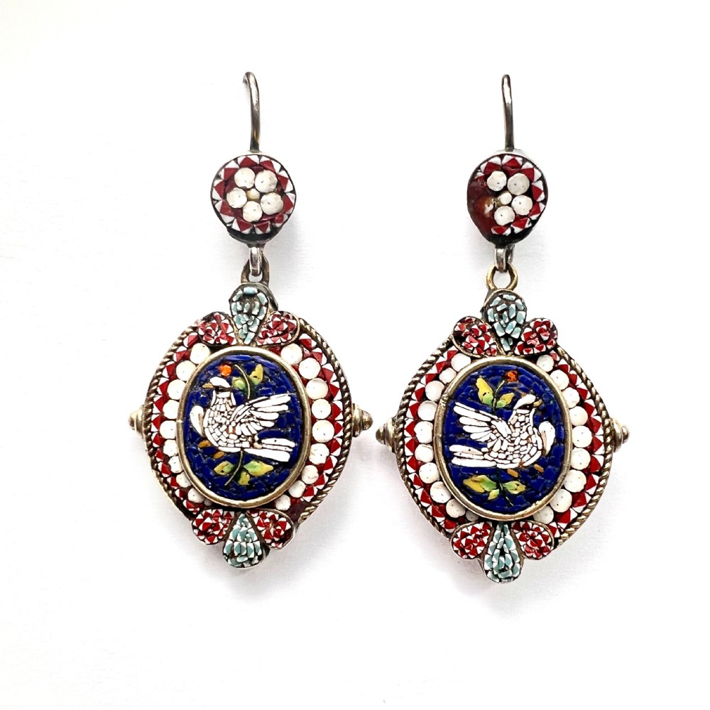 Antique Italian Dove Micro Mosaic Silver Pendant Brooch Earrings View VI