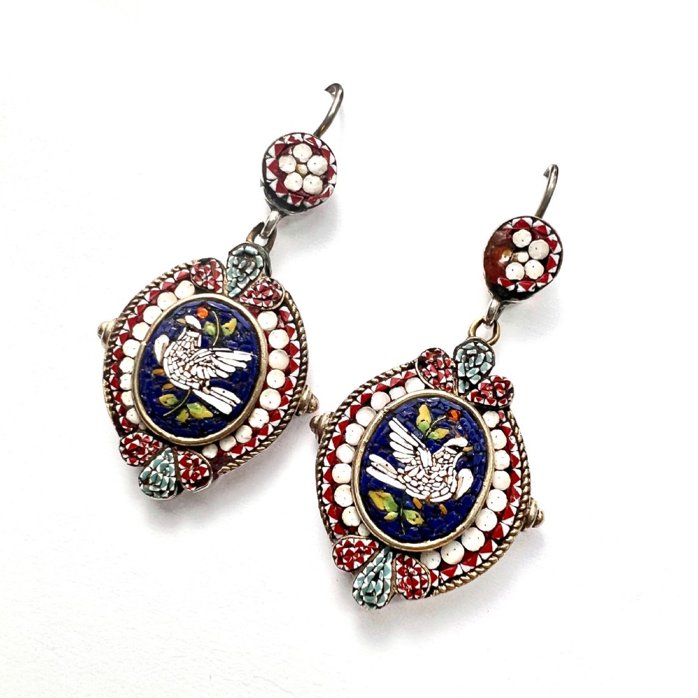 Antique Italian Dove Micro Mosaic Silver Pendant Brooch Earrings View VII