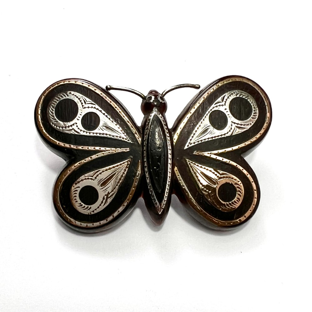 RESERVED for KH • Victorian Pique Work Butterfly Brooch in Gold and Silver