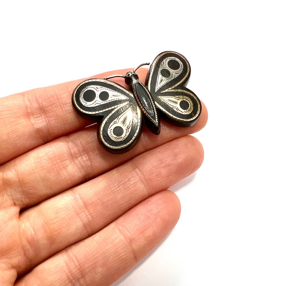 RESERVED for KH • Victorian Pique Work Butterfly Brooch in Gold and Silver View V