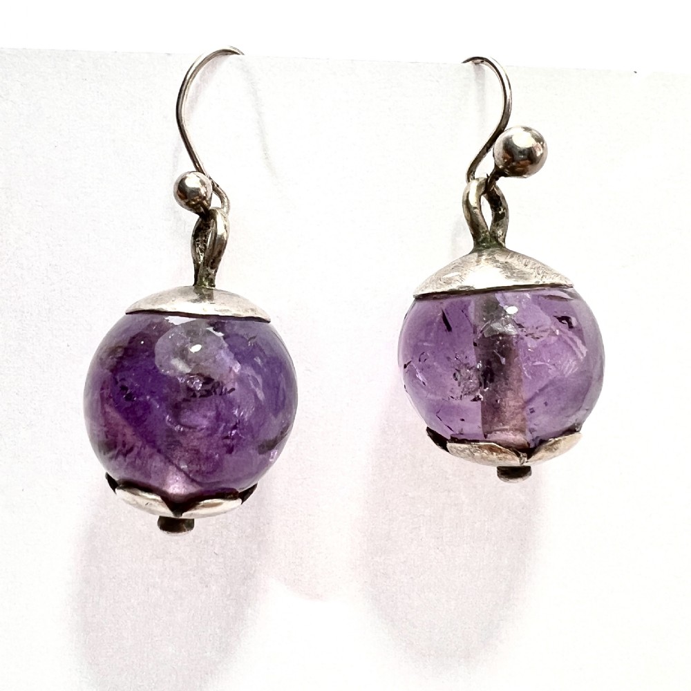 Antique Arts and Crafts Amethyst Silver Flower Earrings View II
