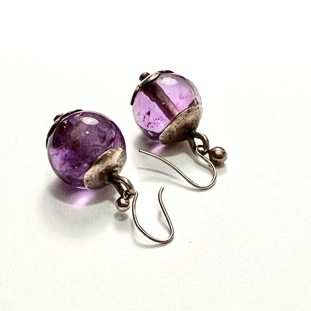 Antique Arts and Crafts Amethyst Silver Flower Earrings View IV