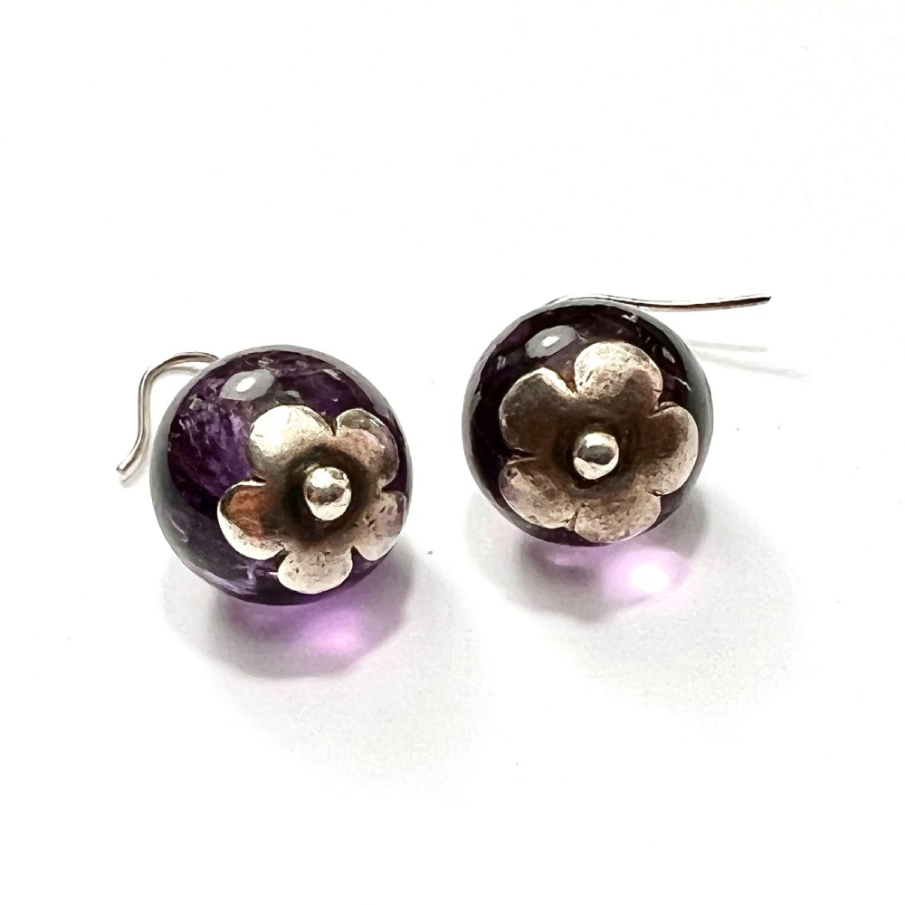 Antique Arts and Crafts Amethyst Silver Flower Earrings View V