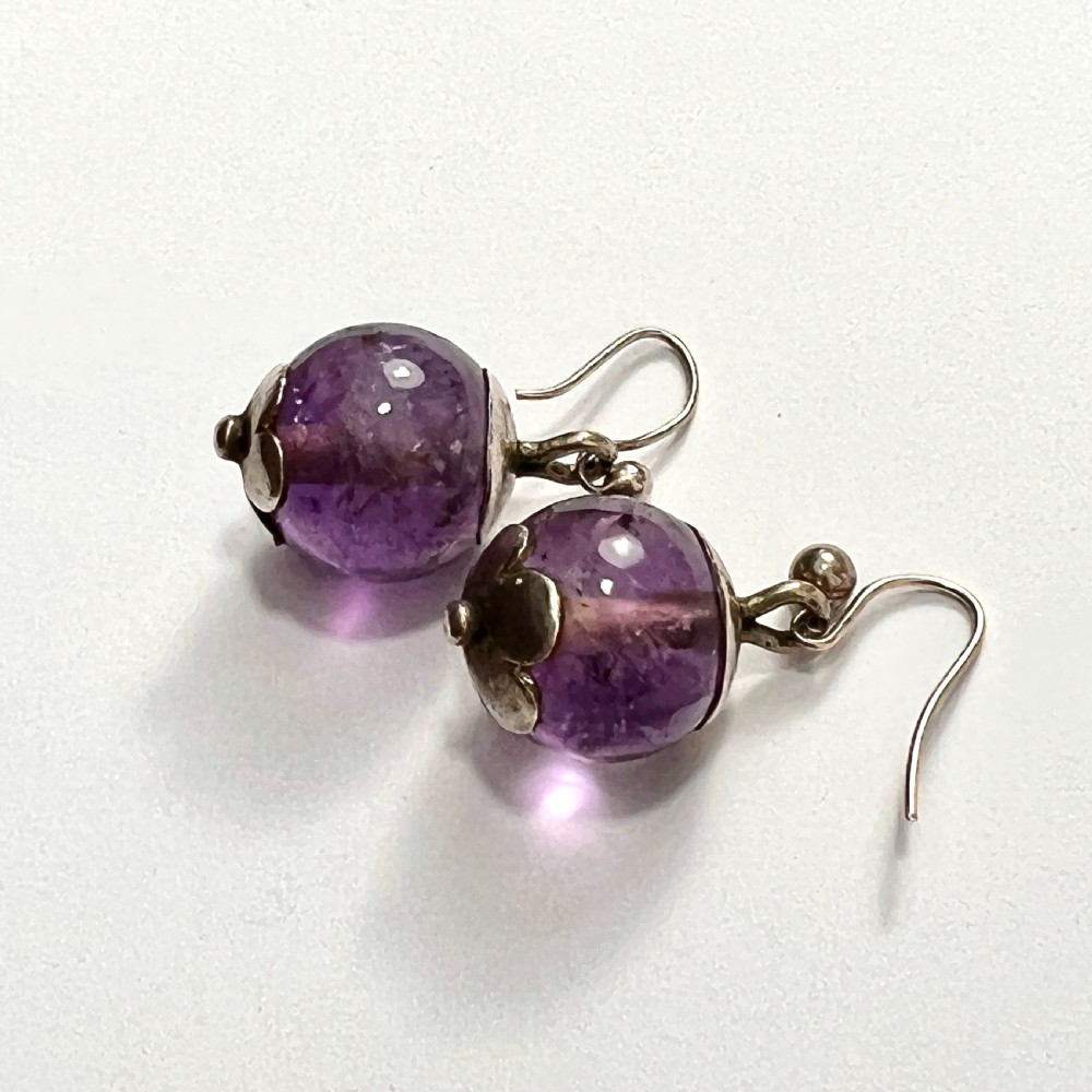 Antique Arts and Crafts Amethyst Silver Flower Earrings View VI