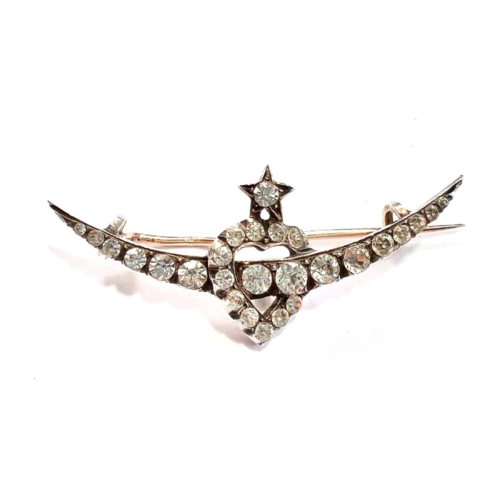 Victorian Paste Crescent Star Heart Brooch