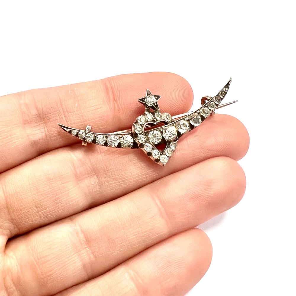Victorian Paste Crescent Star Heart Brooch View V