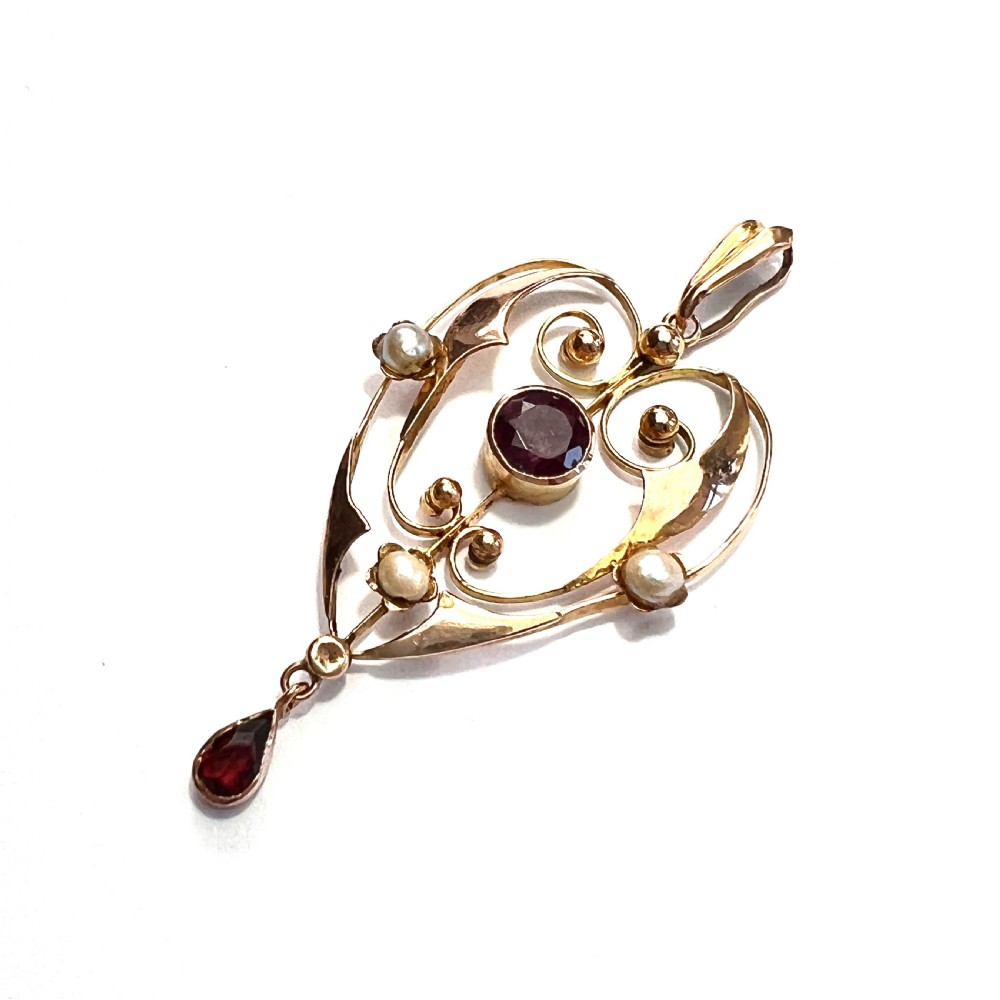 Edwardian 9CT Gold Garnet and Pearl Lavalier Pendant View III